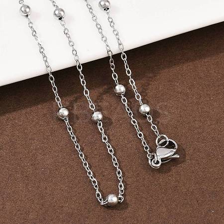 304 Stainless Steel 3MM Round Bead Cable Chain Necklaces for Women NJEW-G177-03A-P-1