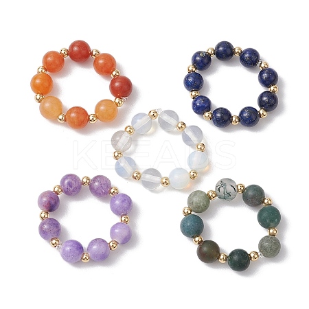 5Pcs 5 Styles Natural White Jade & Indian Agate & Lapis Lazuli & Red Aventurine & Opalite Stretch Rings RJEW-JR00760-1