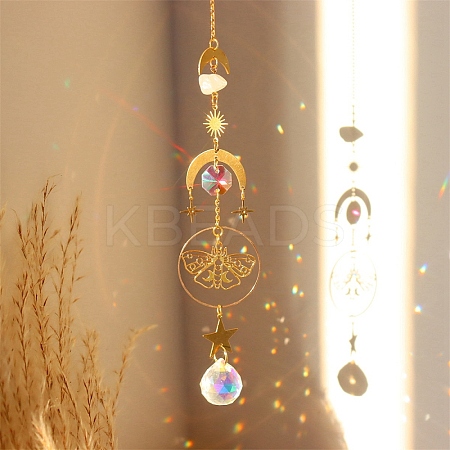 Natural Rose Quartz Brass Moon & Star Hanging Ornaments LS-PW-WG80899-06-1