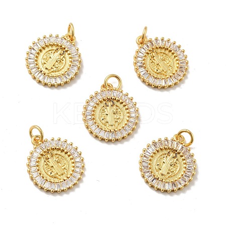 Flat Round with Saint Brass Micro Pave Clear Cubic Zirconia Pendants KK-G419-25G-1