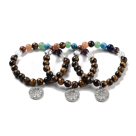 Natural Tiger Eye Round Beaded Chakra Stretch Bracelets BJEW-K251-01E-1