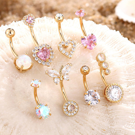 8Pcs 8 Styles 316L Surgical Stainless Steel Cubic Zirconia Heart Butterfly Curved Barbell Belly Rings Sets WG47019-01-1