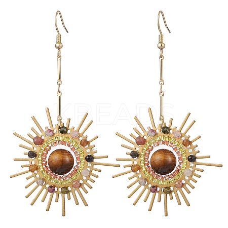 Natural Tourmaline & Tiger Eye Dangle Earrings EJEW-MZ00237-1