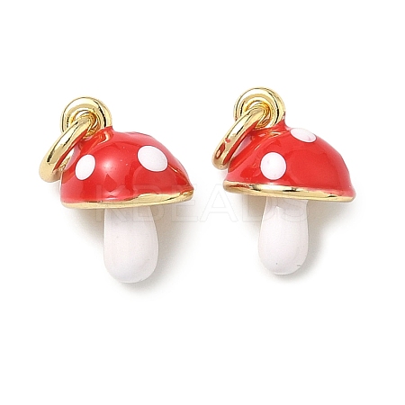 Autumn Brass Enamel Red Mushroom Charms KK-H254-06G-1