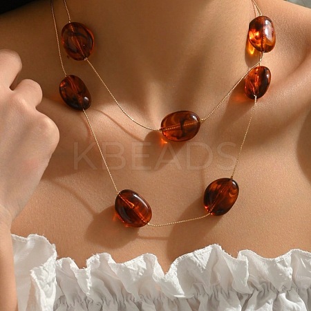 Bohemian Style Alloy & Resin Oval Link Chain Double Layer Necklaces FS-WG9073E-03-1