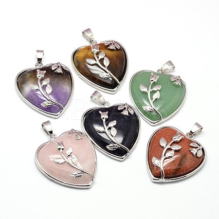 Heart with Flower Platinum Plated Brass Natural & Synthetic Mixed Stone Pendants G-F228-31-RS-1