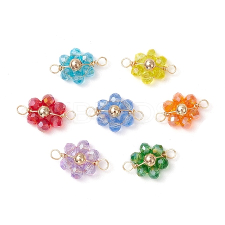 7Pcs 7 Colors Electroplate AB Color Transparent Glass Faceted Rondelle & Brass Round Beaded Flower Connector Charms PALLOY-JF03466-1