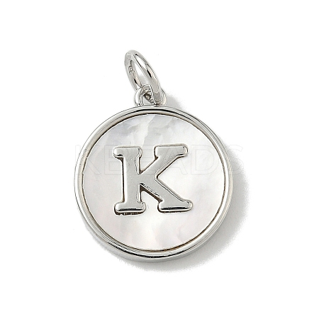 Brass Pave Natural Shell Flat Round with Letter Charms KK-Z115-13P-K-1