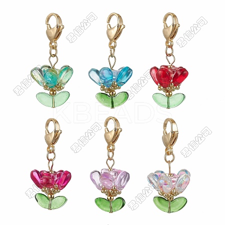 6Pcs Glass Flower Pendant Decorations HJEW-SZ00011-1