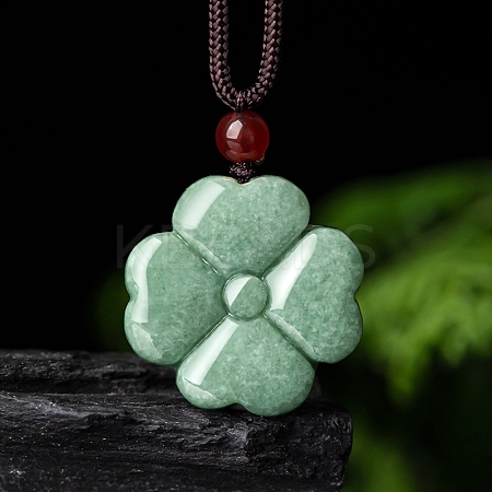 Natural Jadeite Carved Clover Pendant Necklaces NJEW-F321-01-1
