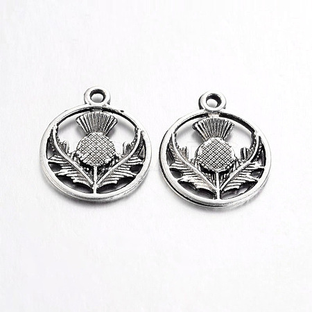 Tibetan Style Alloy Flat Round with Flower Scotland Thistle Pendants LS-TIBEP-24054-AS-FF-1