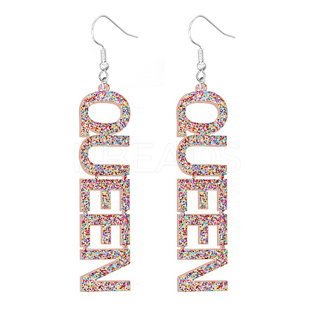 Bling Acrylic Word Queen Dangle Earrings GIPO-PW0001-017O-1