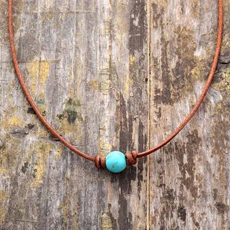 Synthetic Turquoise Round Ball Pendant Genuine Leather Handmade Necklace Simple Elegant Jewelry IU3089-1-1