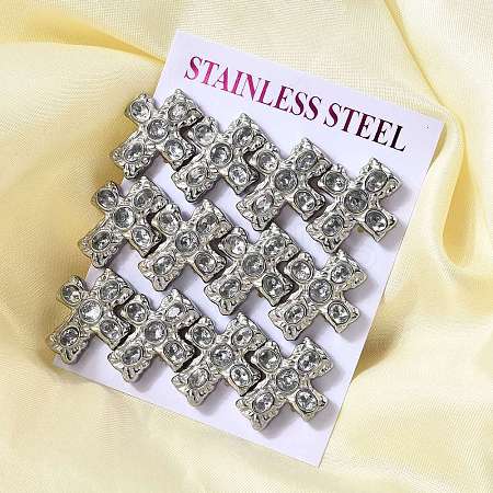 6 Pairs 304 Stainless Steel Cubic Zirconia Cross Stud Earrings EJEW-P330-01P-1