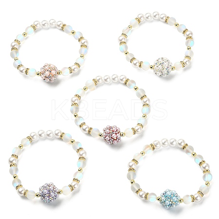 Synthetic Moonstone & Plastic Pearl & Hematite Beaded Stretch Bracelet BJEW-JB09503-1