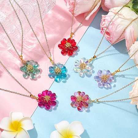 7Pcs 7 Colors Flower Handmade Glass Seed Beaded Pendant Necklaces NJEW-MZ00096-1