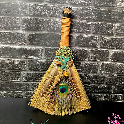 Straw Witch Altar Broom Display Decoration with Raw Natural Tiger Eye Chips WG15595-10-1