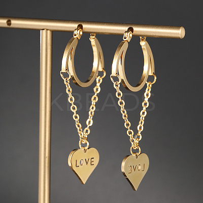 201 Stainless Steel Tassel Heart with LOVE Hoop Earrings VU5295-1