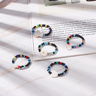 Shell & Glass Beaded Stretch Finger Ring for Women RJEW-JR00481-1