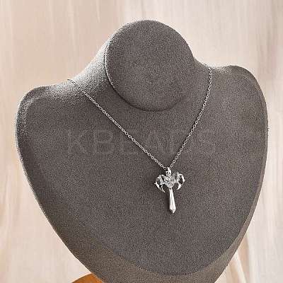Brass Cubic Zirconia Wing Cross Pendant Necklaces for Women NJEW-C067-07P-03-1