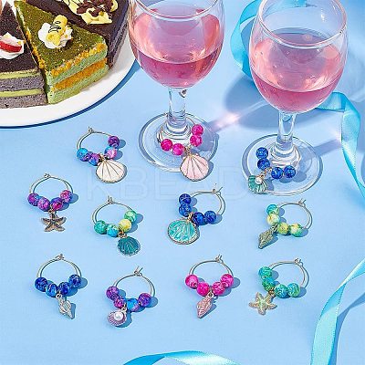 Ocean Theme Alloy Enamel with Plastic Imitation Pearl Wine Glass Charms AJEW-AB00095-1