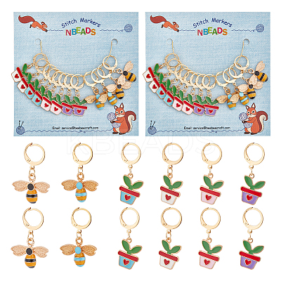 Alloy Enamel Bee & Leaf Planter with Heart Pendant Locking Stitch Markers HJEW-AB00042-1