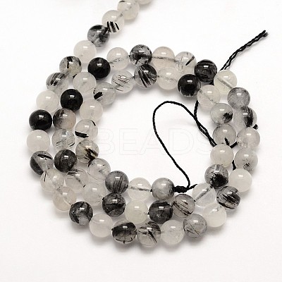 Natural Gemstone Black Rutilated Quartz Round Beads Strands G-E251-30-6mm-1