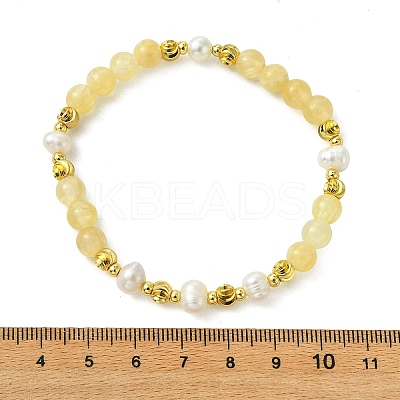 Round Natural Golden Silk Jade & Cultured Freshwater Pearl & Brass Beaded Stretch Bracelets for Women BJEW-JB14060-02-1