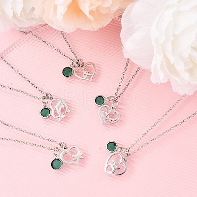 Valentine's Day 304 Stainless Steel & Green Glass Heart Pendant Cable Chain Necklaces for Women NJEW-FS00014-04-1