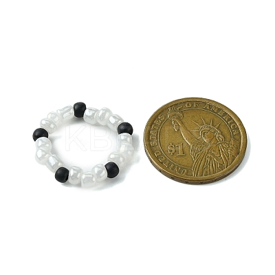 Round Synthetic Turquoise with Glass Seeded Beaded Stretch Rings for Women RJEW-JR00707-02-1