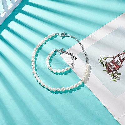 Natural Baroque Pearl Beaded Necklace & Bracelet with 304 Stainless Steel Paperclip Chains SJEW-JS01262-1