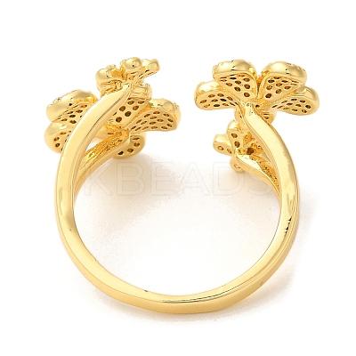 Flower Brass Micro Pave Clear Cubic Zirconia Open Cuff Rings RJEW-U008-33G-1