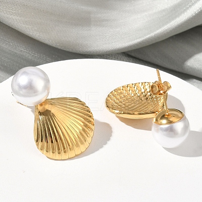 Shell Shape 304 Stainless Steel Acrylic Imitation Pearl Dangle Stud Earrings EJEW-B156-11G-1