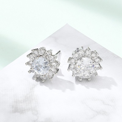 Brass Micro Pave Clear Cubic Zirconia Stud Earrings EJEW-R009-02P-1