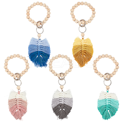5Pcs Natural Wood Beads Stretch Bracelets Keychains KEYC-PH01429-1
