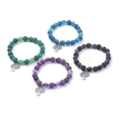 Natural Lava Rock(Dyed) Round Beads Stretch Charm Bracelets BJEW-JB03417-1