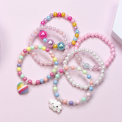 6Pcs Plastic Round Beaded Stretch Bracelet & Charm Bracelet Set for Kid FS-WG9931D-02-1