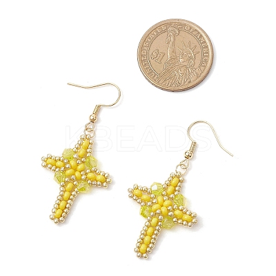 304 Stainless Steel Glass Seeds Cross Dangle Earrings EJEW-MZ00506-05-1