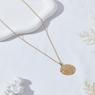 1Pc Textured Coin Brass Pendant Cable Chain Necklaces for Women NJEW-LP0009-33-1