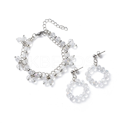 Glass Brided Beaded Dangle Stud Earrings & Multi-strand Bracelet SJEW-JS01257-1