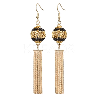 Glass Seed Beads & Brass Tassel Dangle Earrings EJEW-MZ00289-1