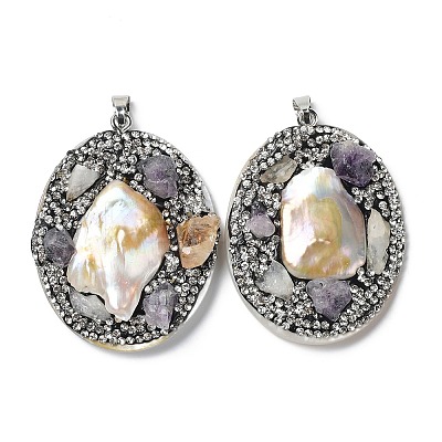 Baroque Natural Freshwater Shell Polymer Clay Rhinestone Big Pendants BSHE-P033-14A-1