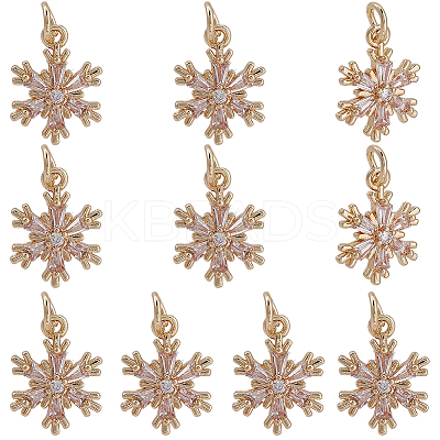 10Pcs Brass Micro Pave Clear Cubic Zirconia Snowflake Pendants KK-BBC0021-78-1