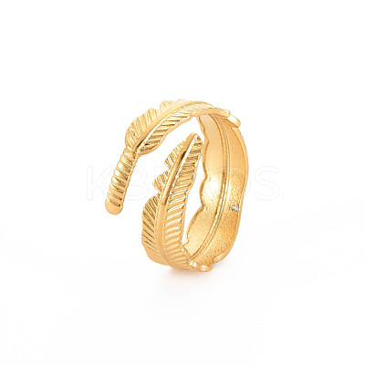 Ion Plating(IP) 304 Stainless Steel Leaf Open Cuff Ring for Women RJEW-S405-196G-1