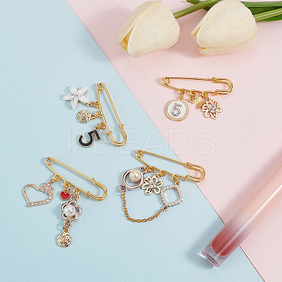 4Pcs 4 Style Flower & Heart & Number 5 Enamel Charms Safety Pin Brooches JEWB-BC0001-09-1
