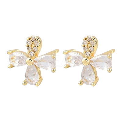 Flower Brass Micro Pave Clear Cubic Zirconia Stud Earrings EJEW-F400-01A-G-1