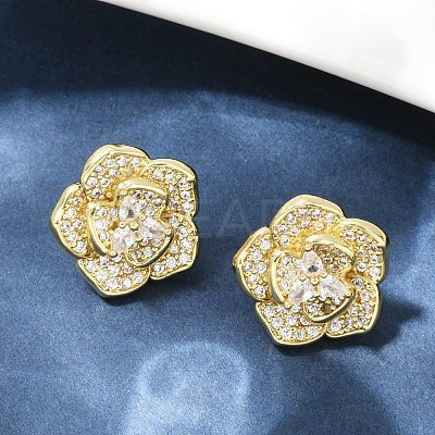 Flower Brass Micro Pave Clear Cubic Zirconia Stud Earrings EJEW-M082-19G-1