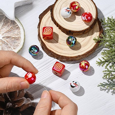 12Pcs 6 Styles Christmas Theme UV Plating Acrylic Round/Cube Beads OACR-YW0003-46-1