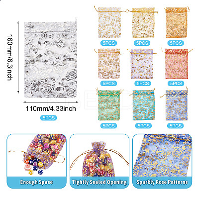 50Pcs 10 Colors Rose Printed Organza Drawstring Bags OP-TA0001-15B-1