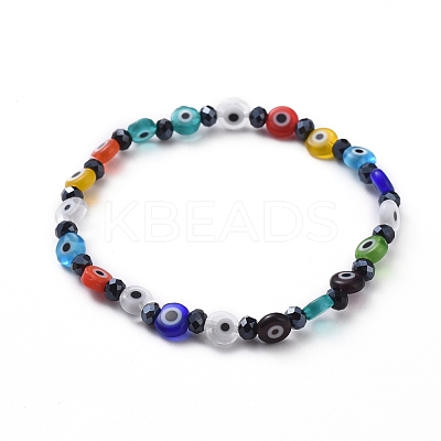 Handmade Evil Eye Lampwork Flat Round Beads Stretch Bracelets BJEW-JB05005-02-1
